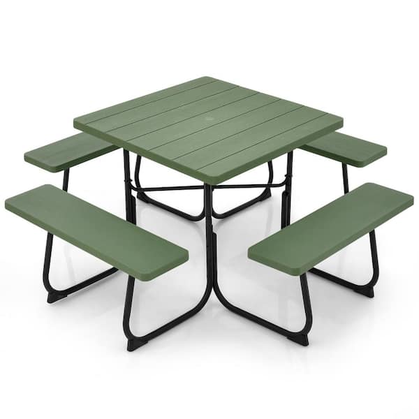 ANGELES HOME 67 in. Green Square Metal Outdoor Picnic Table with 4 Benches and Umbrella Hole