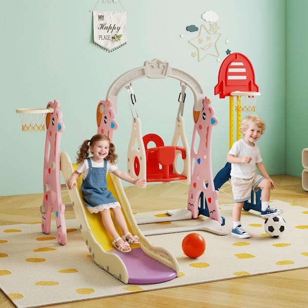 5-in-1 Toddler Slide and Swing Set Outdoor Slide Set with Basketball Hoop