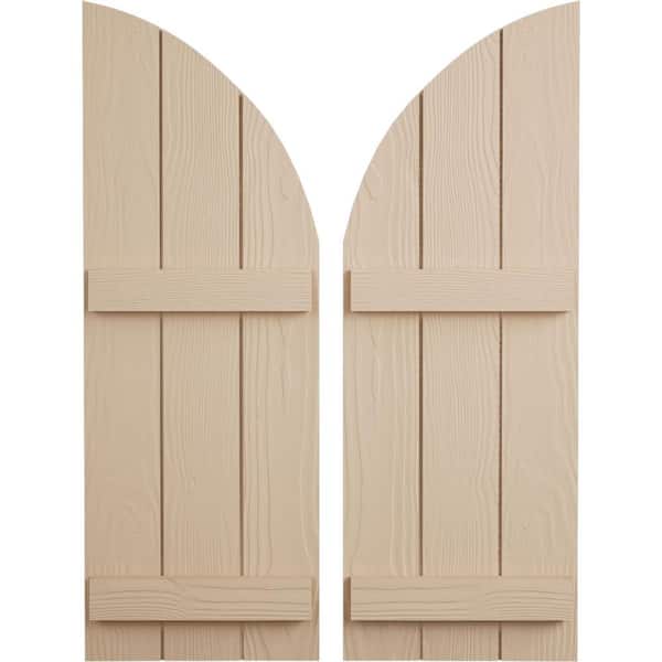 Ekena Millwork 16-1/2 in. x 82 in. Polyurethane Sandblasted 3-Board Joined Board and Round Arch Top Shutters, Primed Tan