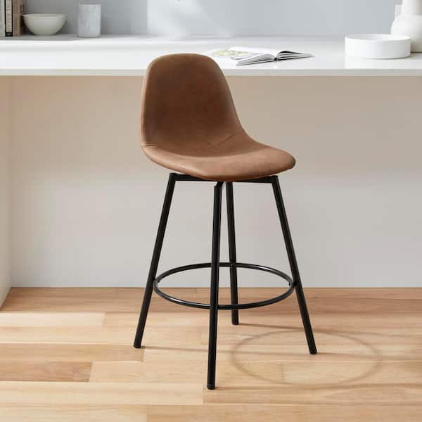 Adenmore Swivel Counter Stool with Brown Faux Leather Upholstery and Black Metal Frame (Set of 2)