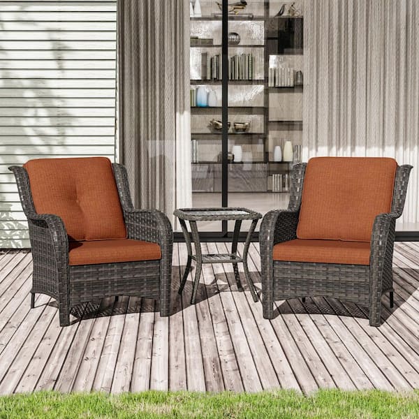 Gardenbee 3-Piece Wicker Patio Outdoor Lounge Chair Set with Orange Cushions and Side Table