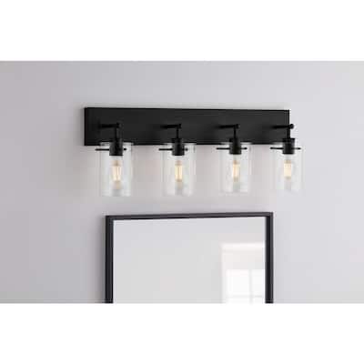 Regan 29.25 in. 4-Light Matte Black Bathroom Vanity Light with Clear Glass Shades