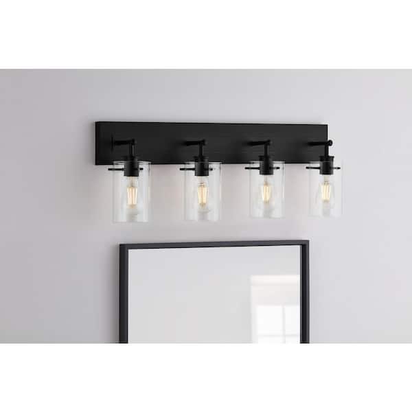 Hampton Bay Regan 29.25 in. 4-Light Matte Black Bathroom Vanity Light with Clear Glass Shades