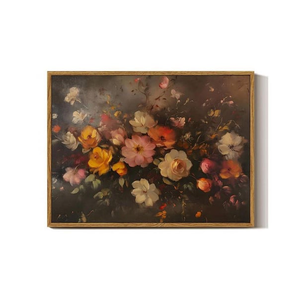 Wood Framed Vintage Floral Wall Art in Dark Moody Flower Wall