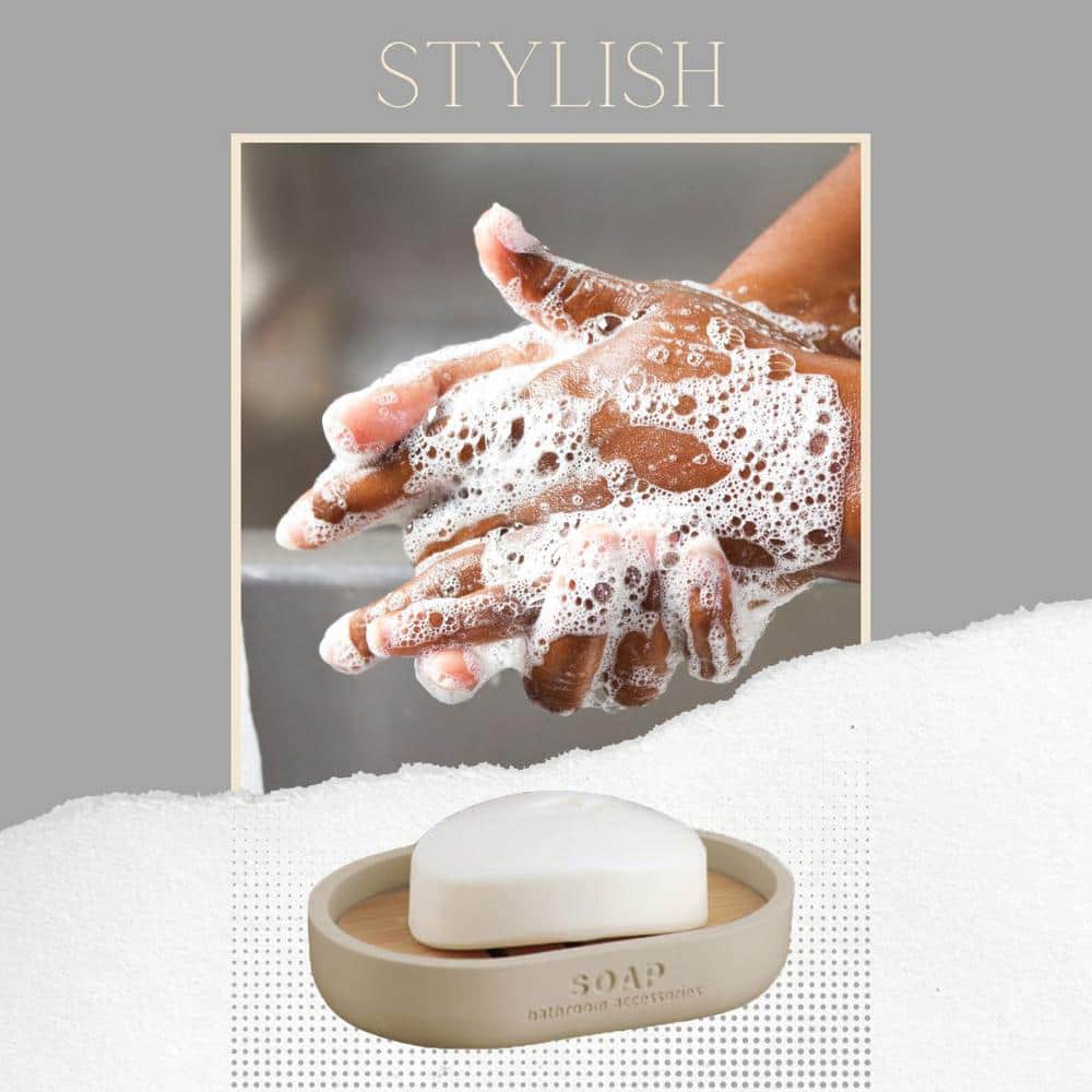 Beige Polyresin Soap Dish with Natural Bamboo Base