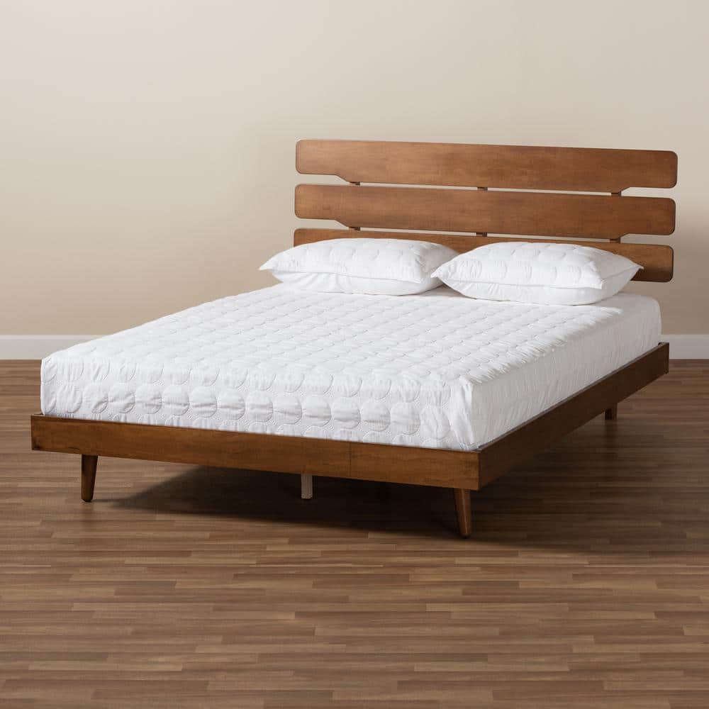 Queen Walnut Rubberwood Platform Bed with Slatted Headboard