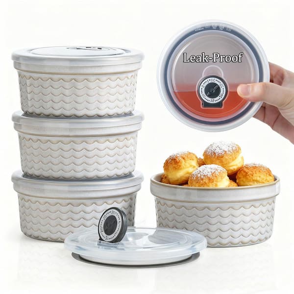 12-Piece Ripple Beige Ceramic Ramekin Bowl Set with Airtight Lids for Baking, Cooking, Storage, Oven Safe