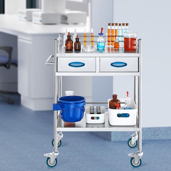 Utility Cart，Lab Serving Cart, Kitchen Cart, Medical Cart with 2-drawers, Dental Cart with Lockable Wheels, Sliver