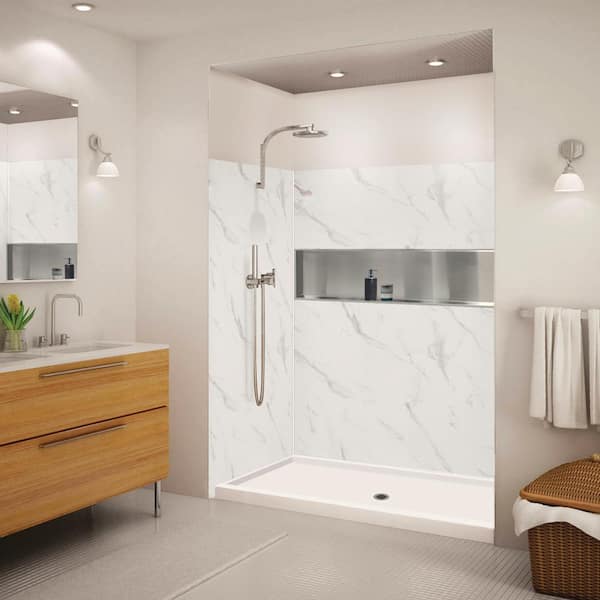 Expressions 32 in. x 60 in. x 72 in. Shower Kit with Center Drain in Bianca