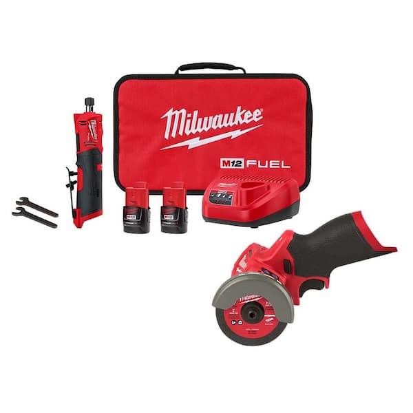 M12 FUEL 12V Lithium-Ion Brushless Cordless 1/4 in. Straight Die Grinder Kit with Cut Off Saw, (2) 2.0 Ah Batteries