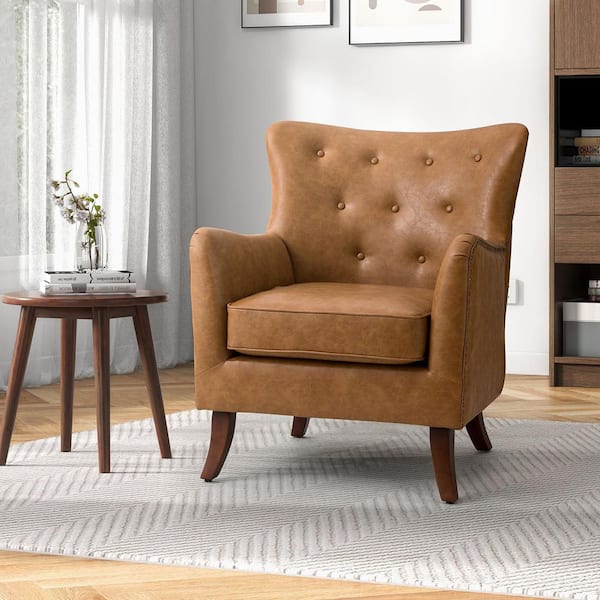 JAYDEN CREATION Germano Camel Vegan Leather Wingback Armchair with Wooden Legs