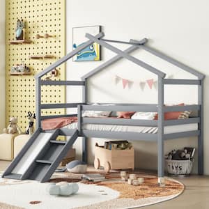 Gray Wood Frame Twin Size House Low Loft Bed with Slide, Sloping Ladder, Safety Guardrails