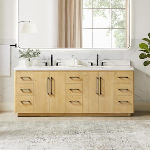 Serene 84 in. Double Freestanding Nature Brown Bath Vanity with Grain White Engineered Stone Top Assembled