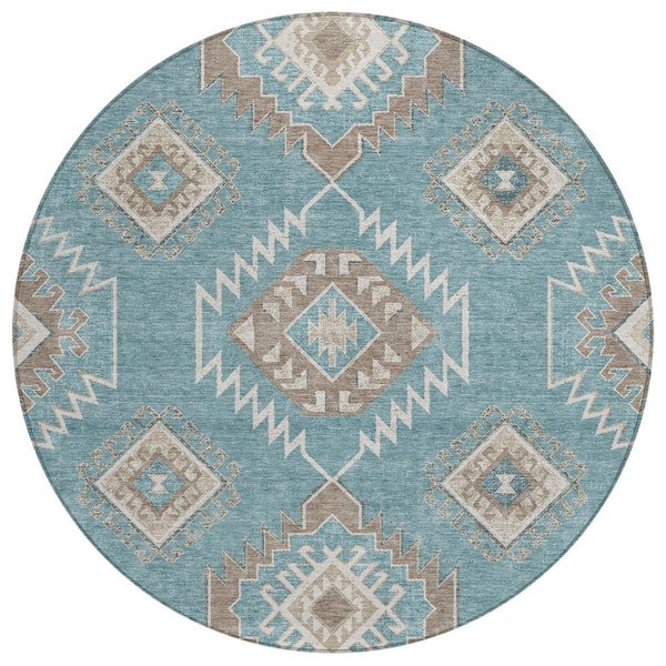 Chantille Machine Washable Indoor/Outdoor Abstract ACN3011 Teal 8 ft. x 8 ft. Round Rug
