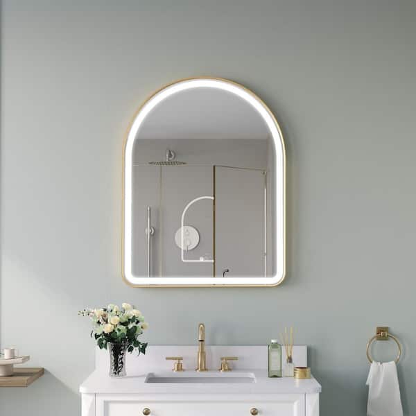 28 in. W x 36 in. H Arched Framed Anti-Fog Dimmable LED Wall Mount Bathroom Vanity Mirror in Brushed Gold