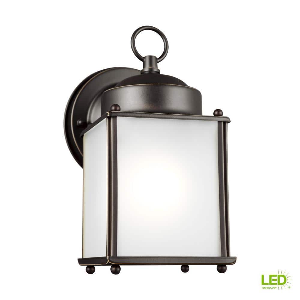 New Castle Petite Bronze Outdoor Wall Lantern with Satin Etched Glass