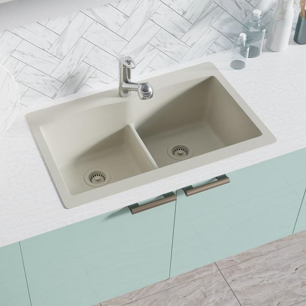 Rene Concrete Granite Quartz 33 in. Double Bowl Drop-In Kitchen Sink Kit