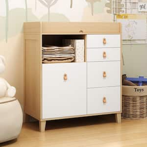 33.5 in. W Burly Wood Grain and White Rectangle Wooden End/Side Table with 5 Drawers, Top Storage Surface and Open Shelf