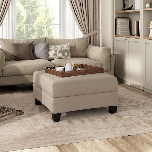 Colby Beige Boucle Fabric Square Storage Ottoman Medium
