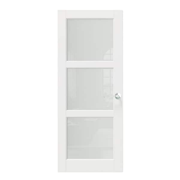 TENONER 32 in. x 80 in. MDF Wood, Primed, White, 3-Lite, Frosted Glass Interior Door Slab With Silver Curved Doorknob
