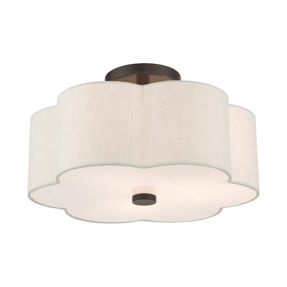 Solstice English Bronze 3-Light Indoor Drum Flush Mount with Oatmeal Shade