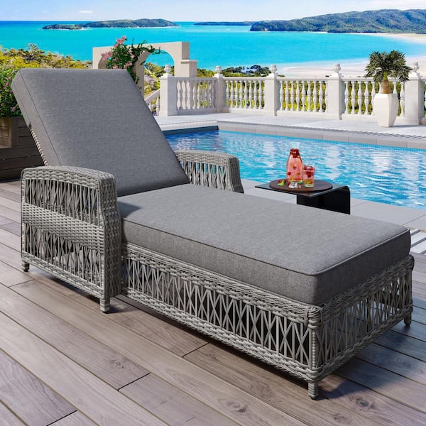Unbranded Adjustable Back Wicker Outdoor Patio Lounge Chair Chaise Recliner Pool Sunbathing Recliners with Gray Cushion