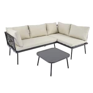 3-Piece Patio Metal Conversation Set with Glass Table with Beige Cushions