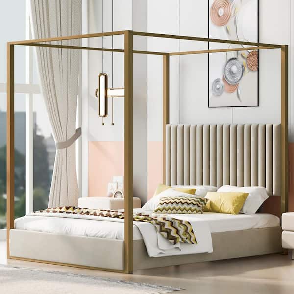Polibi Beige Wood Frame Queen Size Platform Bed with Headboard and Metal Frame