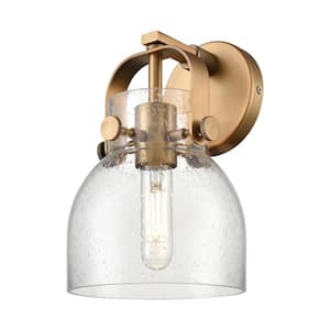 Pilaster II Bell 6.5 in. 1-Light Brushed Brass Wall Sconce with Glass Shade