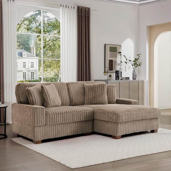 82 in. W Square Arm 2-Piece Faux Rabbit Fur Polyester L-Shaped Modern Sectional Sofa in Light Brown with 4-Pillows