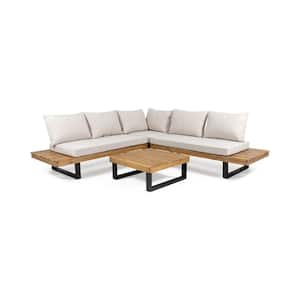 Sebastian Teak Brown 4-Piece Wood Outdoor Patio Conversation Sectional Seating Set with Beige Cushions