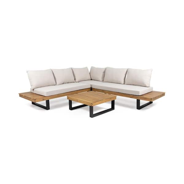 Beide succes vermomming Noble House Sebastian Teak Brown 4-Piece Wood Patio Conversation Sectional  Seating Set with Beige Cushions 82869 - The Home Depot