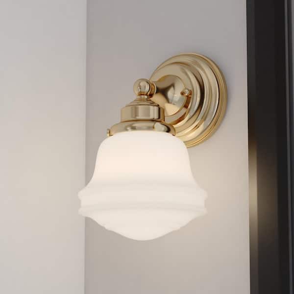 Huntley 6.25 in. W 1-Light Natural Brass Vanity Light Fixture White Milk Schoolhouse Glass Bathroom Wall Lighting