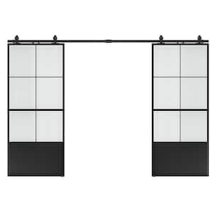 72 in. x 84 in. 3/4-Lite Frosted Glass Black Steel Frame Double Sliding Barn Door with Hardware Kit and Soft Close