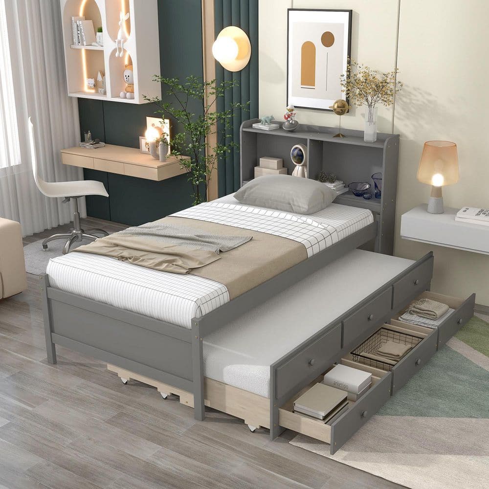 GODEER Gray Wood Frame Twin Platform Bed with Bookcase Twin Trundle ...