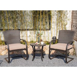 Patio Brown 3-Piece Wicker Round Table Outdoor Bistro Set with Grey Cushions for Balcony, Garden
