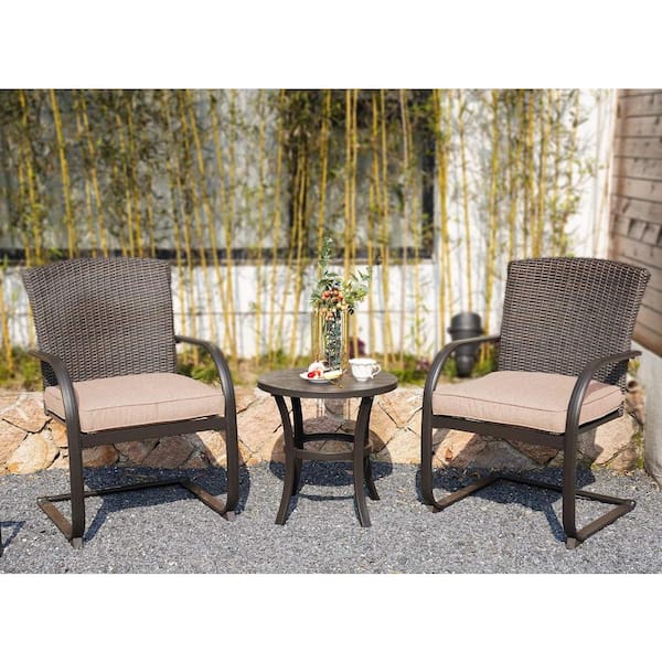 Yangming Patio Brown 3-Piece Wicker Round Table Outdoor Bistro Set with Grey Cushions for Balcony, Garden