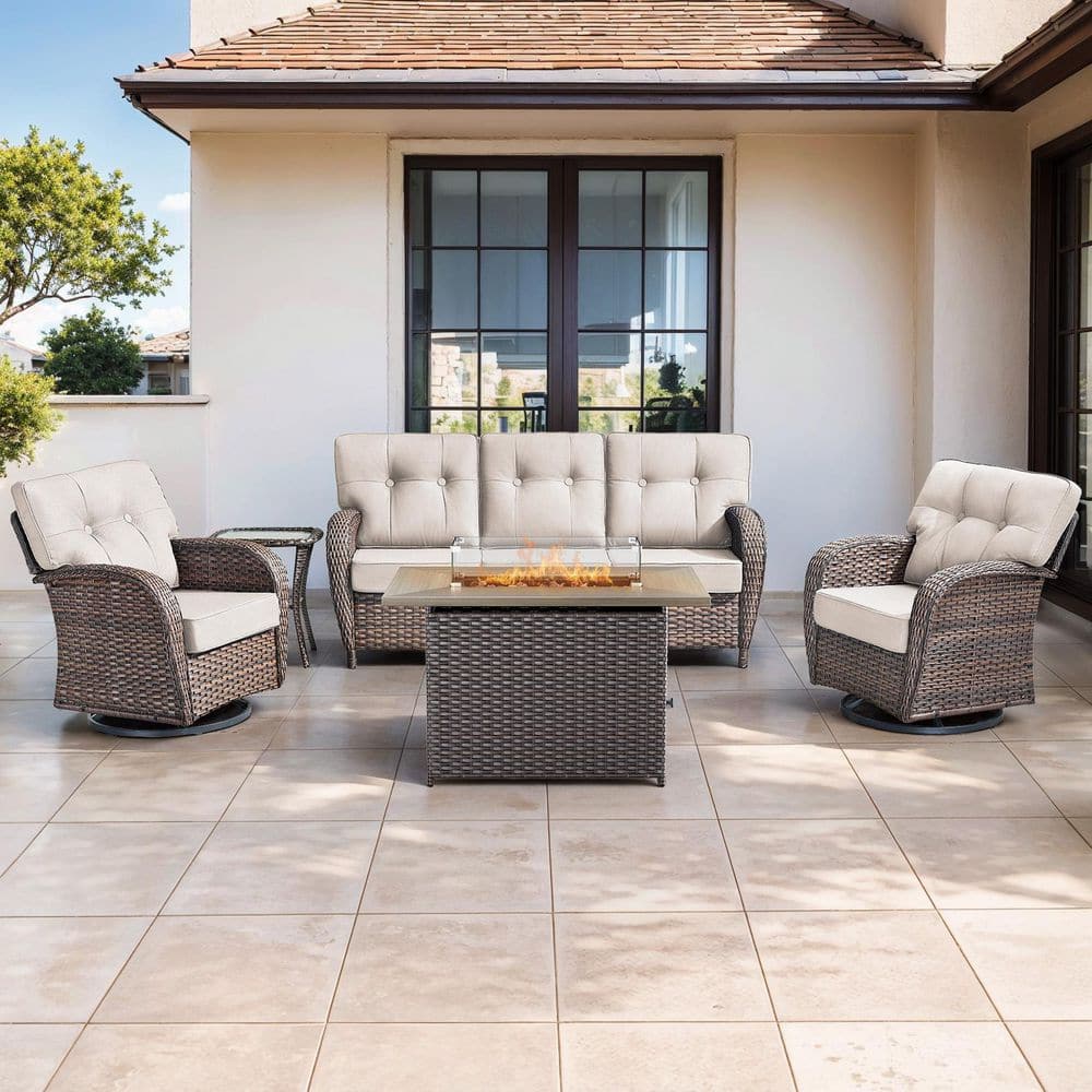 Modern Seaside Rattan Wicker 5-Piece Outdoor Patio Conversation Set with Beige Cushions, Rectangular Fire Pit Table price history on PriceWatchPro