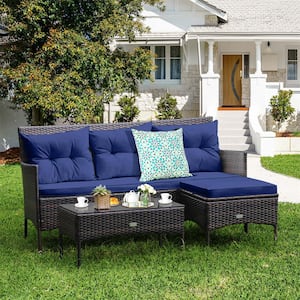 Elegance Rattan 3-Piece Wicker Patio Conversation Set with Navy Blue Cushions