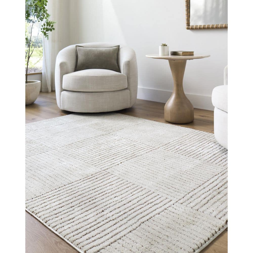 Ivory and Brown Geometric Synthetic Area Rug, 6'7" x 9'