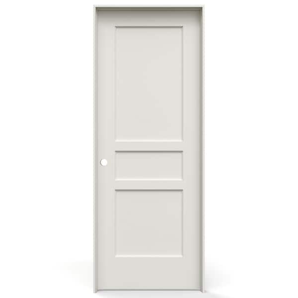 30 in. x 80 in. 3 Panel Flat Right-Handed Solid Core Primed Composite Single Prehung Interior Door w/ Satin Nickel Hinge