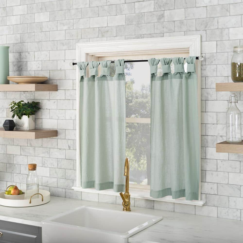 Seafoam Green Cotton Sheer Tab Top Kitchen Curtain Tier Pair