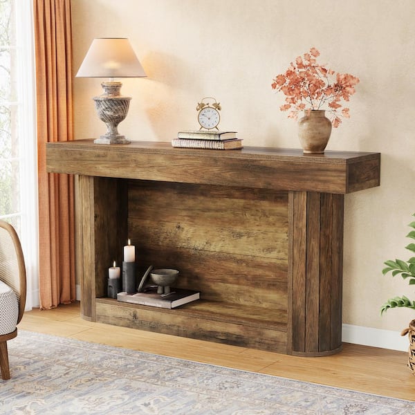 BYBLIGHT Turrella 63 in. Brown Rectangle Wood Console Table with Storage for Entryway