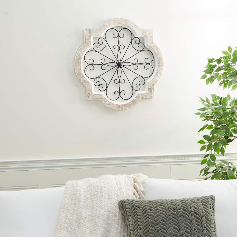 White Wooden Scroll Wall Decor with Metal Scrollwork