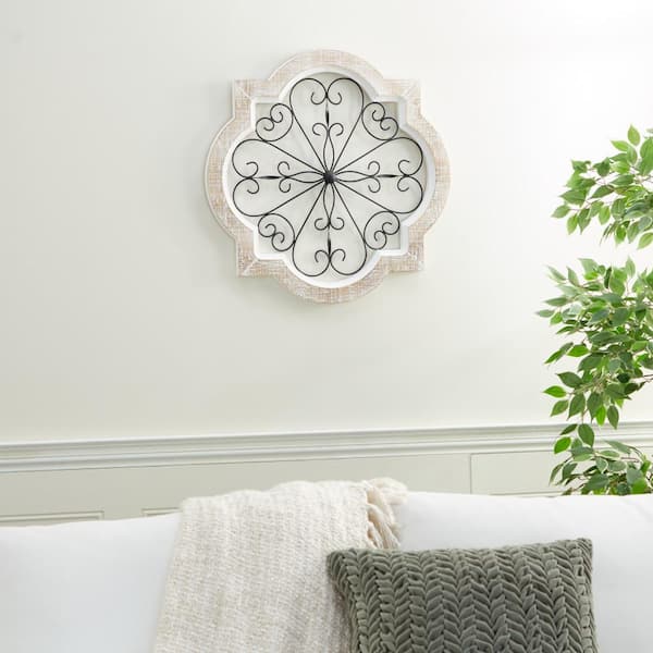 Litton Lane 22 in. x  22 in. Wooden White Scroll Wall Decor with Metal Scroll Work