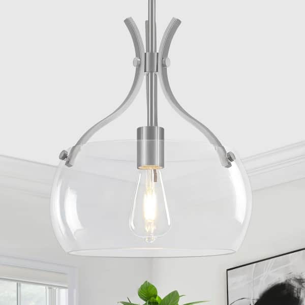 1-Light Brushed Nickel Drum Pendant with Clear Glass Shade
