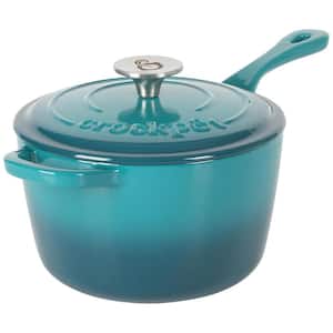 Artisan 3 qt. Enameled Cast Iron Saucepan with Lid in Teal and Silver