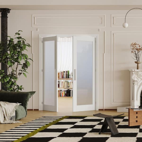 48 in. x 80 in. Solid Wood & MDF, Full Lite, Frosted Glass, White Primed, Pantry Door, Interior Door Slab W/ Ball Catch