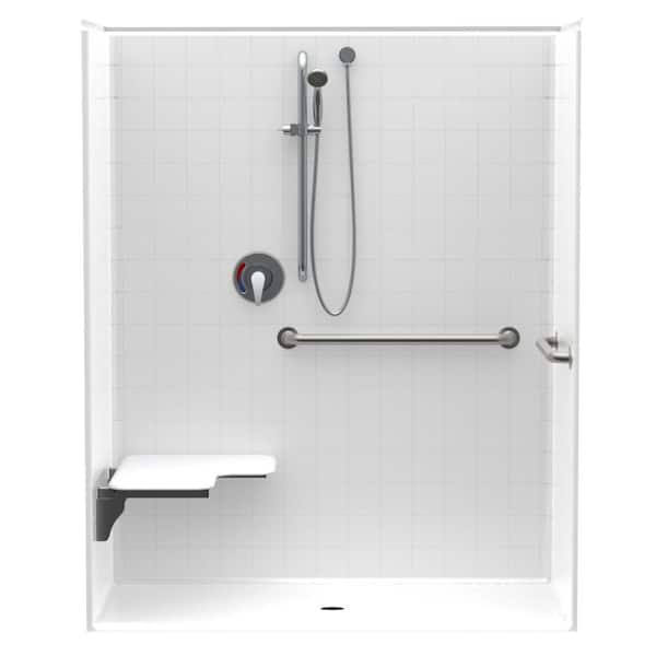 Aquatic Accessible Smooth Tile AcrylX 60 in. x 30 in. x 74.3 in. 1-Piece ADA Shower Stall w/ Left Seat and Grab Bars in White