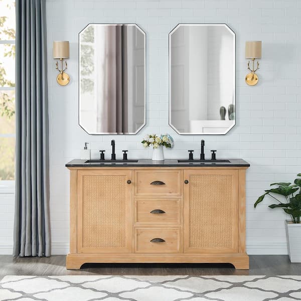 ROSWELL Hervas 60 in.W x 22 in.D x 33.8 in.H Double Sink Bath Vanity in Fir Brown with Black Celestite Marble Top and Mirror